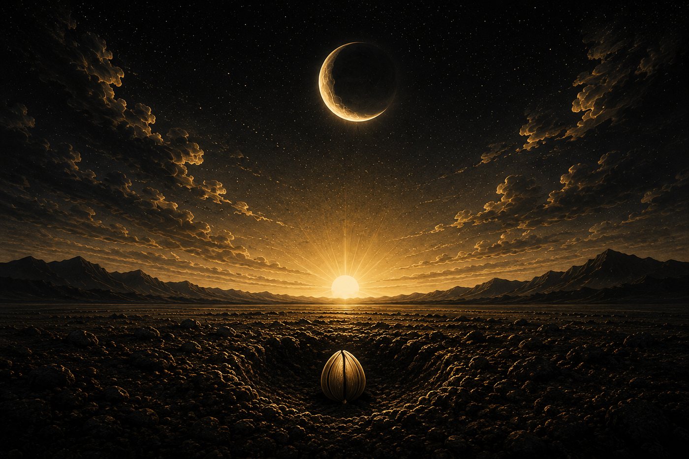 A seed rests in a furrowed field beneath a crescent moon and rising sun, in a solar-eclipse alignment.