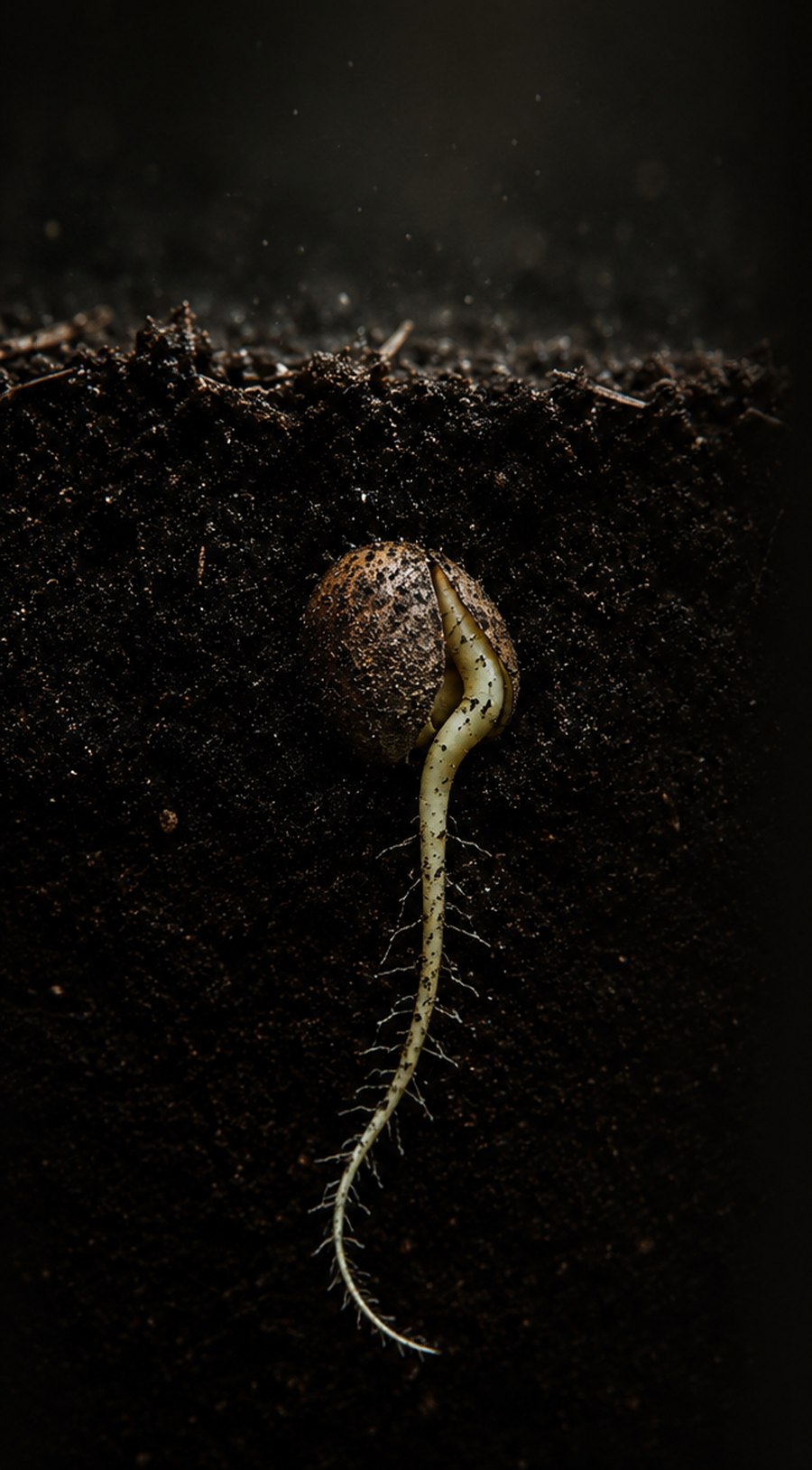 A pale root emerging from a germinating seed, growing down into dark soil.