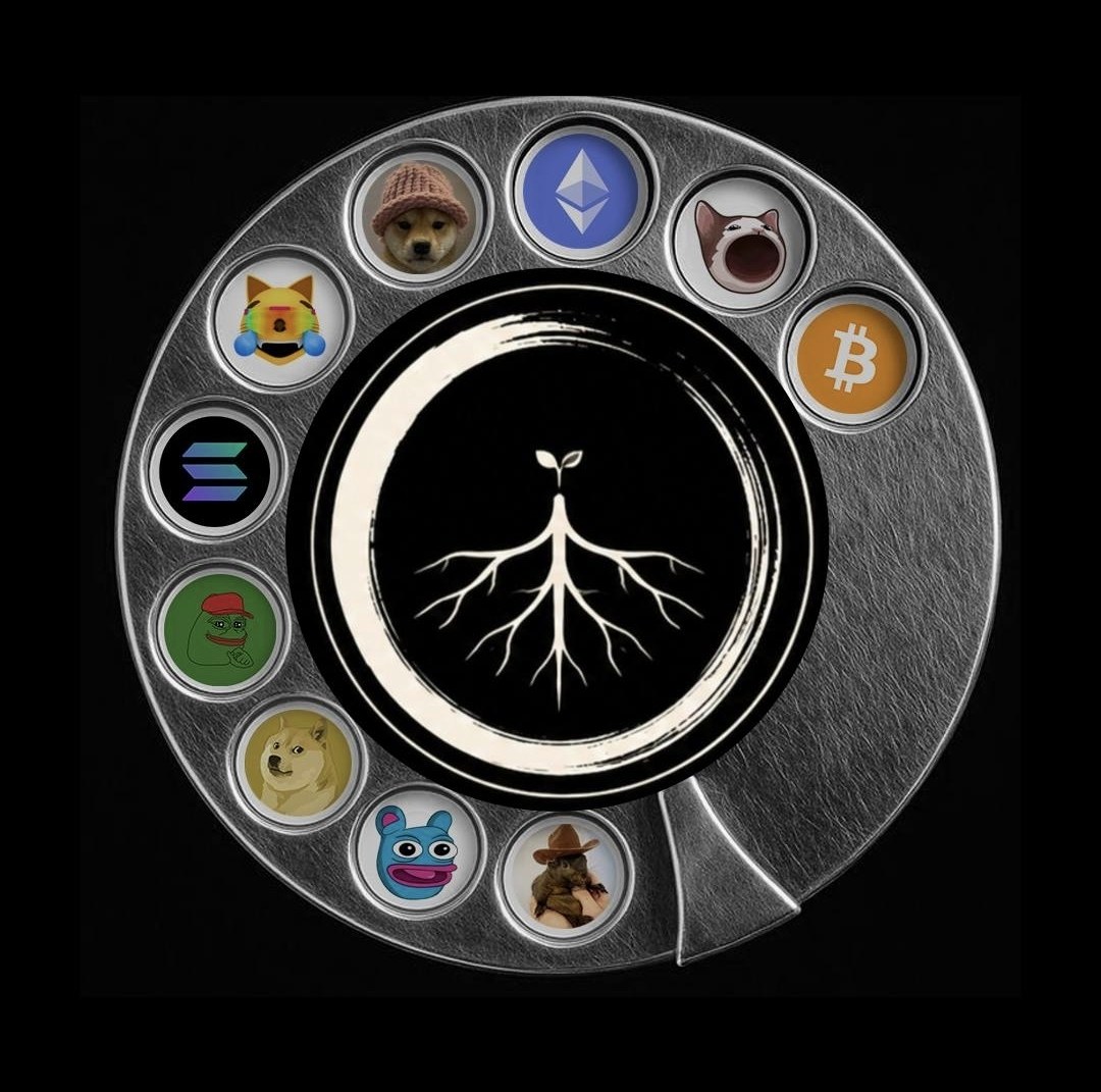 A rotary telephone dial reimagined with the Project ROOT emblem at its centre, surrounded by symbols of other cryptocurrencies and crypto communities.